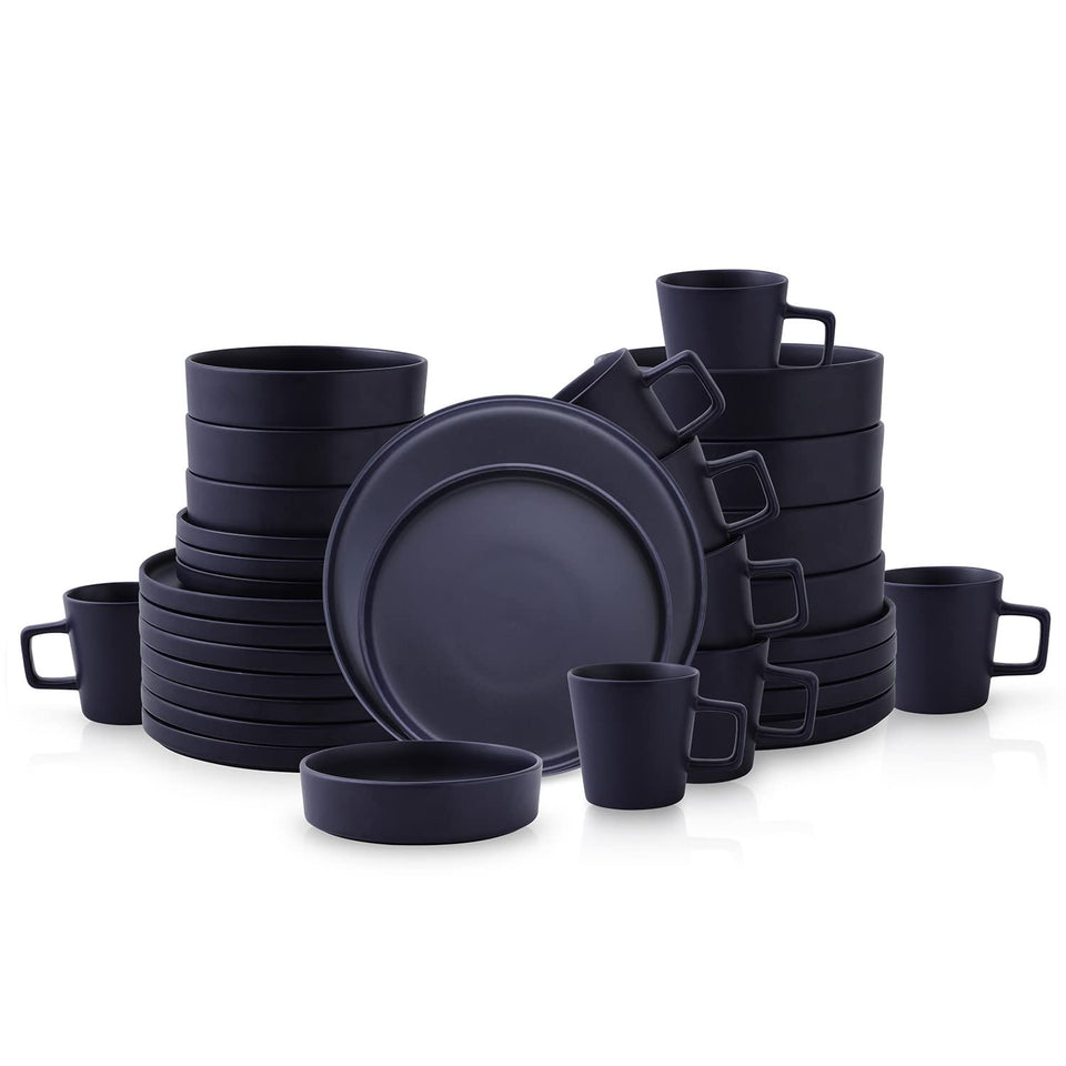Stone Lain Celina Stoneware 32 Piece Dinnerware Set, Plates and Bowls, Black Matte Dish Collection, Service for 8 – Contemporary Minimalist Style, Microwave & Dishwasher Safe
