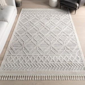 nuLOOM 8x11 Ansley Moroccan Tassel Area Rug, Light Grey, High-Low Textured Bohemian Design, Plush High Pile, Stain Resistant, For Bedroom, Living Room, Hallway, Entryway