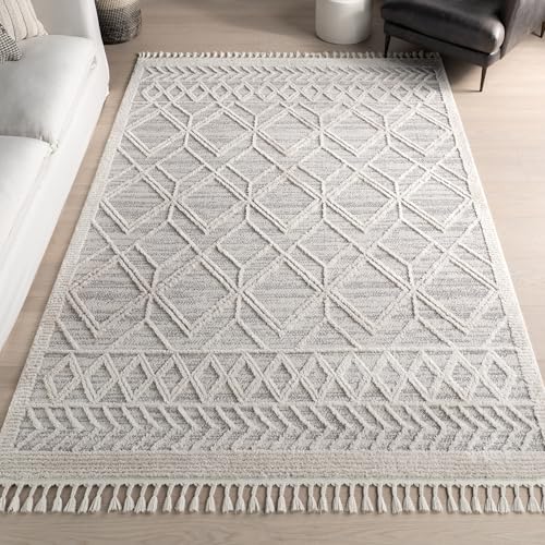 nuLOOM 8x11 Ansley Moroccan Tassel Area Rug, Light Grey, High-Low Textured Bohemian Design, Plush High Pile, Stain Resistant, For Bedroom, Living Room, Hallway, Entryway