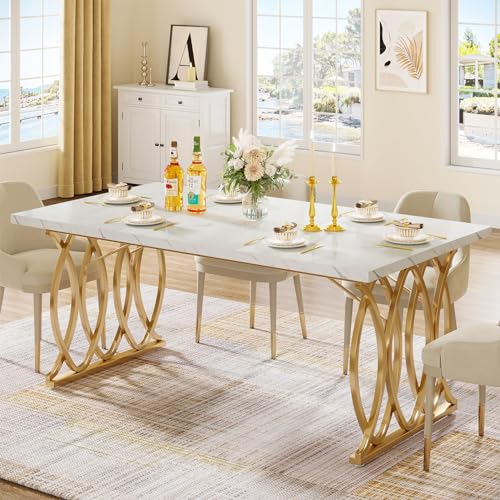 Tribesigns Modern Dining Table, 63" Large Kitchen Table for 4-6 People, Unique Rectangular Dinner Table Kitchen & Dining Room Furniture with Faux Marble Tabletop and Geometric Legs