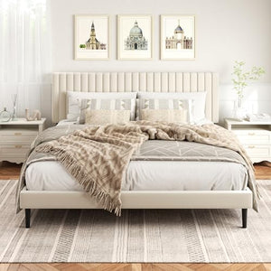 HAOARA King Size Bed Frame,King Size Platform Bed Frame and Velvet Upholstered Headboard with Strong Wood Slats, Box Spring Optional, Mattress Foundation, Easy Assembly Beige