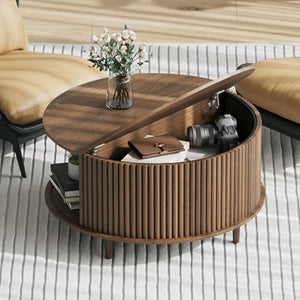 JOINICE, Round Coffee Table with Storage, Mid Century Modern Center Table with Sliding Cabinet Door, Fluted Dining Table for Living Room, Home Small Space, 31.5", Walnut