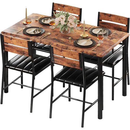 IRONCK Dining Table Set for 4, Wood Kitchen Table with Upholstered Chairs for Kitchen Room and Small Spaces, Rustic Brown
