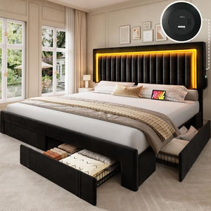 YITAHOME King Size Bed Frame with Adjustable Headboard, 4 Storage Drawers and RGB LED Lights, Velvet Upholstered Platform Bed with USB Ports, No Box Spring Needed, Fast Assembly, Noise-Free, Black