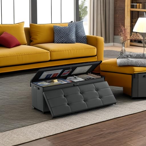 DocSafe Storage Ottoman with Lock,Fireproof Folding Ottoman Foot Rest Stool Storage Chest with Storage Safe for Important Documents,Waterproof 17 Inches Short Ottoman Foot Stool with Handles,Black