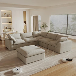 160.6" Cloud Couch Modular Sectional Sofa for Livingroom,Oversized Convertible Sofa with Storage Ottomans,6 Seat Wide Couches,Cushion Covers Removable (Khaki, 6 Seater)