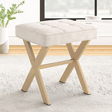LUE BONA Square Linen Makeup Stool, Metal X Legs, Small Ottoman Stool Chair for Vanity, Modern Padded Seat Foot Rest for Makeup Room, Bathroom