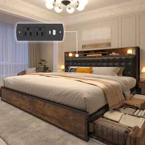 EnHomee King Size Bed Frame with 4 Storage Drawers King Bed Frame and Headboard Upholstered Charging Station,No Noise,No Box Spring Needed,Vintage Brown