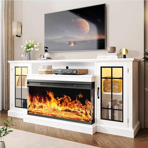 oneinmil 36 Inch 3-Sided Glass Fireplace TV Stand for TVs up to 80", Rustic Media Entertainment Center Console Table with Glass Door Closed Storage, Set of TV Table, White