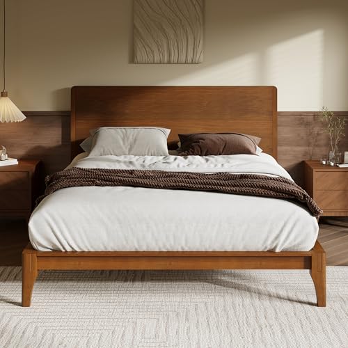 Merax Queen Size Bamboo Platform Bed, Mid-Century Modern Bed Frame with Tall Headboard, Solid Sustainable Bedframe Queen-size, Wood Slat Support, No Box Spring Needed, Easy Assembly, Noise Free, Brown