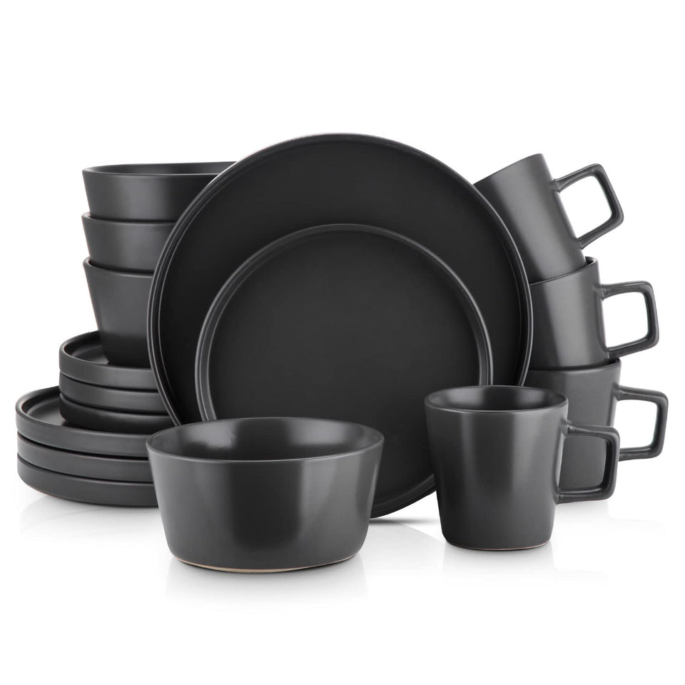 Stone Lain Celina Stoneware 32 Piece Dinnerware Set, Plates and Bowls, Black Matte Dish Collection, Service for 8 – Contemporary Minimalist Style, Microwave & Dishwasher Safe