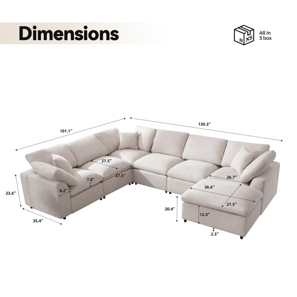 Siiejia Modular Sectional Sofa Modern Oversized Cloud Couch with Movable Ottoman 7 Seater L-Shaped Sofas Comfy Couches for Living Room Spacious Space Office Lounge, Beige
