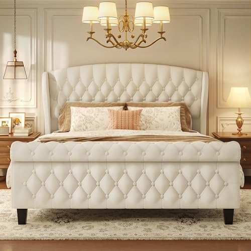 HISOFT Queen Bed Frame, 39" Tall Velvet Upholstered Sleigh Bed with Wingback Headboard & Scroll Footboard, No Box Spring Needed, Sturdy Support, Easy Assembly, Noise Free, Button Tufted, White