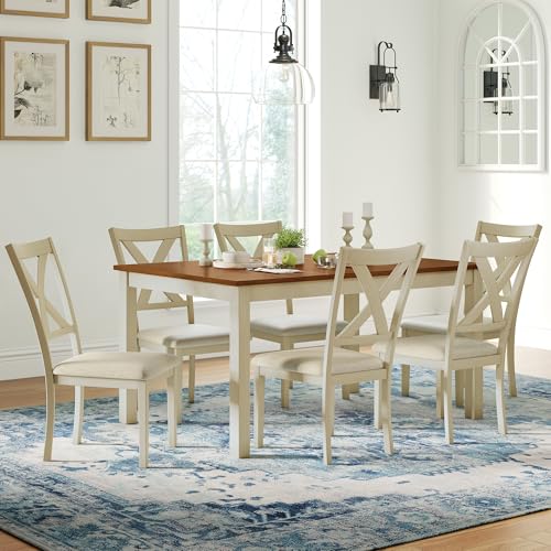 AMERLIFE 7-Piece Farmhouse Solid Wood Dining Table Set with 6 Upholstered Chairs, 60