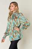 Double Take Full Size Printed Smocked Long Sleeve Blouse