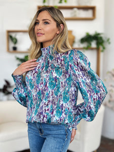 Double Take Full Size Printed Smocked Long Sleeve Blouse