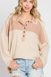 Waffle-Knit Color Block Half Button Long Sleeve Top