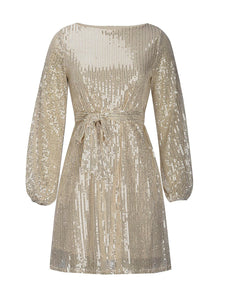 Sequin Tie Waist Long Sleeve Mini Dress