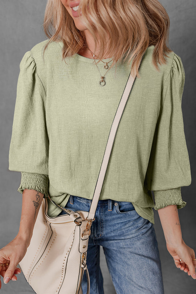 Textured Round Neck Three-Quarter Sleeve Blouse