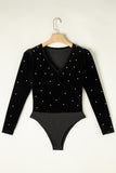 Pearl Detail Velvet V-Neck Long Sleeve Bodysuit