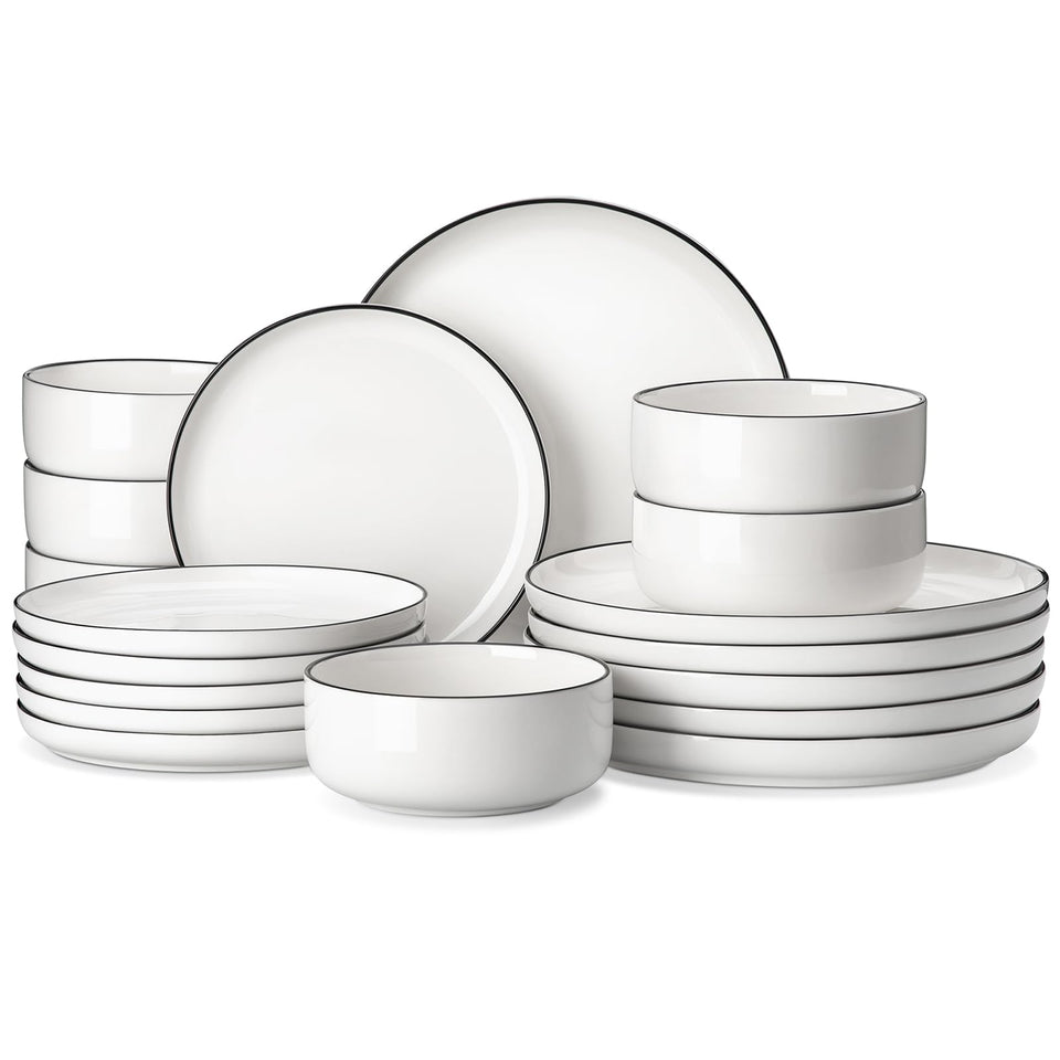 MALACASA Plates and Bowls Sets, 24 Pieces Modern Porcelain Dinnerware Set for 6 Ceramic Dishware Dishes White Kitchen Dinner Dining Ware Set wtih Black Rim Microwave and Dishwasher Safe, Series LUNA