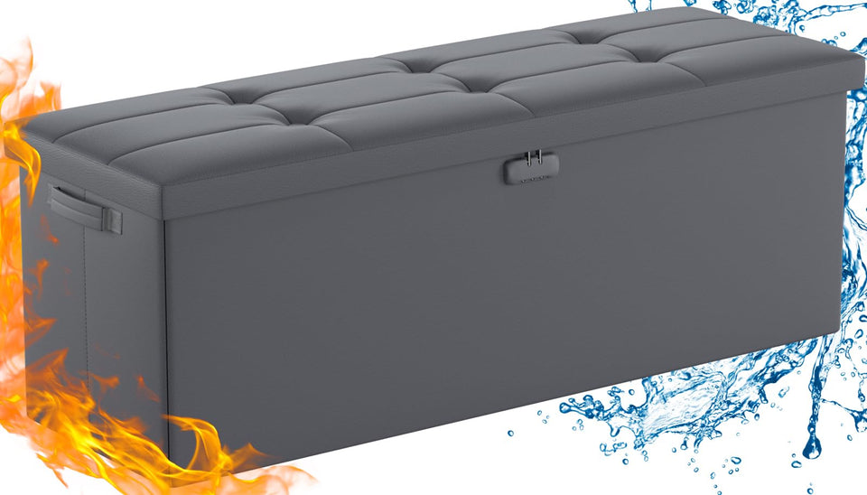 DocSafe Storage Ottoman with Lock,Fireproof Folding Ottoman Foot Rest Stool Storage Chest with Storage Safe for Important Documents,Waterproof 17 Inches Short Ottoman Foot Stool with Handles,Black