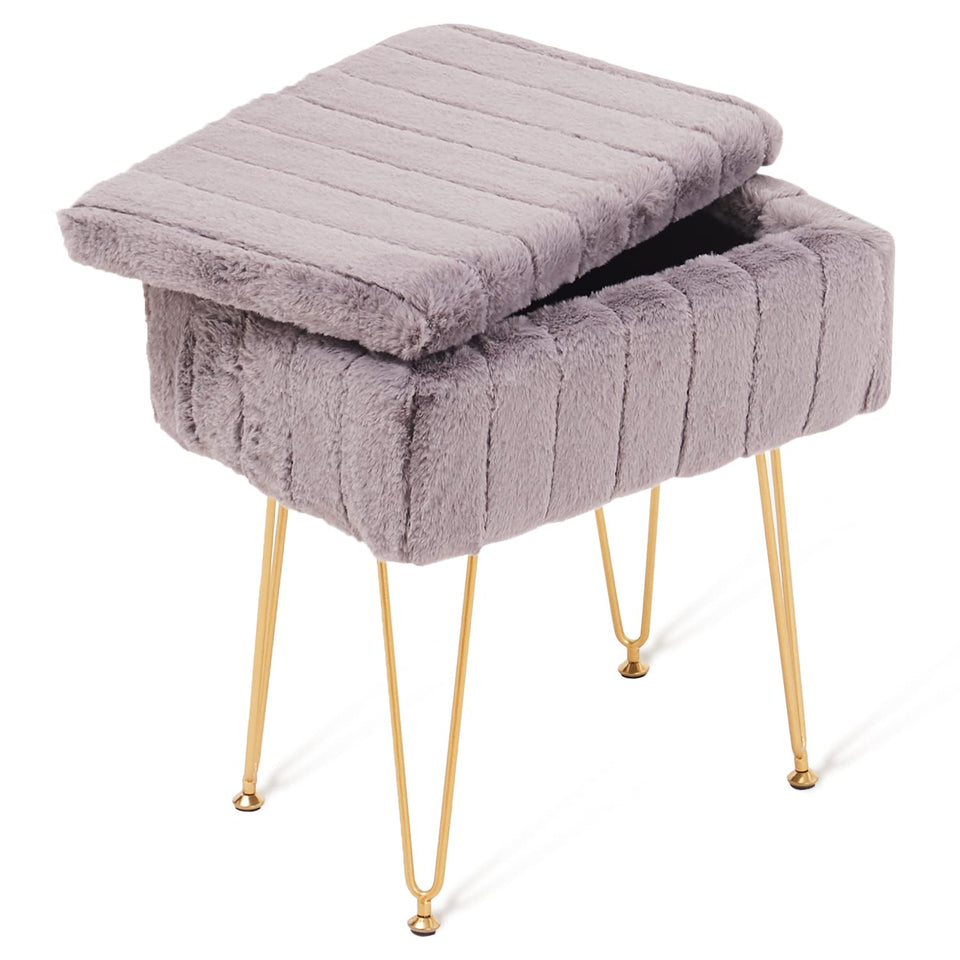 Wimarsbon Storage Ottoman, Vanity Stools with Metal Legs, 16.5" x 11.8" x 18" Modern Faux Mink Fur Footstool, Makeup Chair with Anti-Slip Feet, Accent Table,Footrest,Storage Bench for Bedroom