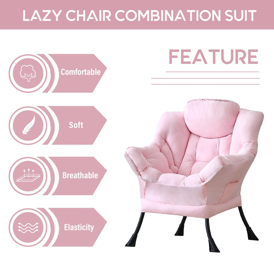 LITA Lazy Chair with Ottoman, Modern Accent Leisure Upholstered Lazy Sofa Armchair, Contemporary Lounge Reading Chair with Armrests and a Side Pocket for Living Room, Bedroom & Small Space, Dark Grey