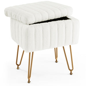 Sweetcrispy Vanity Stool Chair with Storage, Ottoman Faux Fur Soft Padded Makeup Footstools Seat with 4 Metal Legs Anti-Slip Adjustable Feet Modern Cute Small Footrest for Home Entryway Bedroom White