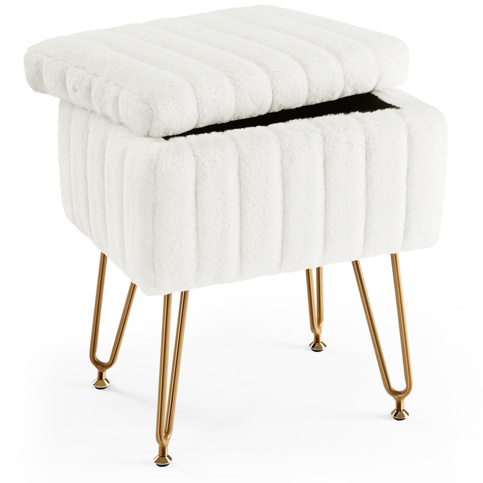 Sweetcrispy Vanity Stool Chair with Storage, Ottoman Faux Fur Soft Padded Makeup Footstools Seat with 4 Metal Legs Anti-Slip Adjustable Feet Modern Cute Small Footrest for Home Entryway Bedroom White