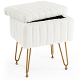 Sweetcrispy Vanity Stool Chair with Storage, Ottoman Faux Fur Soft Padded Makeup Footstools Seat with 4 Metal Legs Anti-Slip Adjustable Feet Modern Cute Small Footrest for Home Entryway Bedroom White