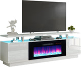 AMERLIFE Fireplace TV Stand with 36" Fireplace, 70" Modern High Gloss Fireplace Entertainment Center LED Lights, 2 Tier TV Console Cabinet for TVs Up to 80", Obsidian Black