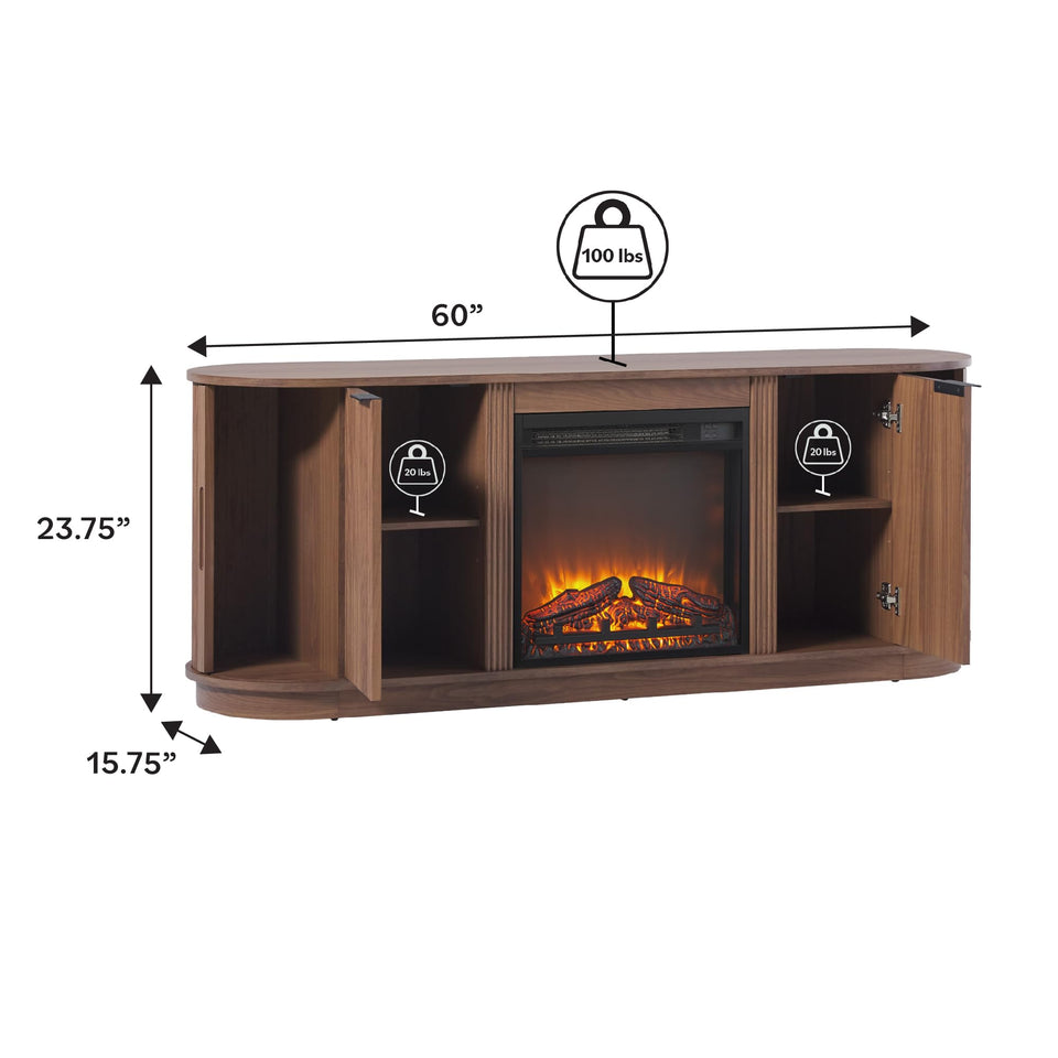 Walker Edison Chloe Reeded TV Stand with Fireplace Insert, 75 Inch, 70 Inch, Coastal Oak