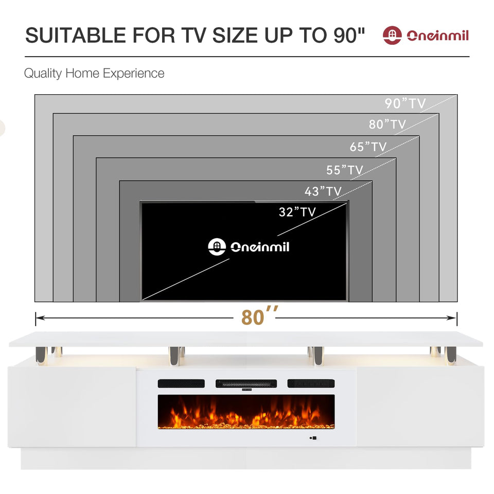 OneBlis 70" TV Stand for Living Room, Modern Entertainment Center & Media Console, Fits TVs up to 80", Storage Cabinet with Shelves, 36" Electric Fireplace with LED Flame (All Black)