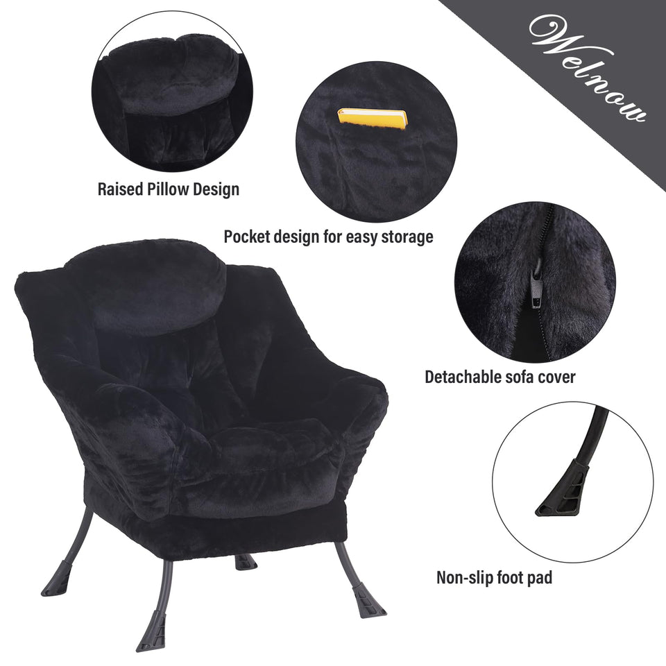 Welnow Lazy Chair with Ottoman, Modern Lounge Accent Chair with Armrests and a Side Pocket, Leisure Sofa Armchair, Reading Armchair with Footrest for Small Space, Dark Grey