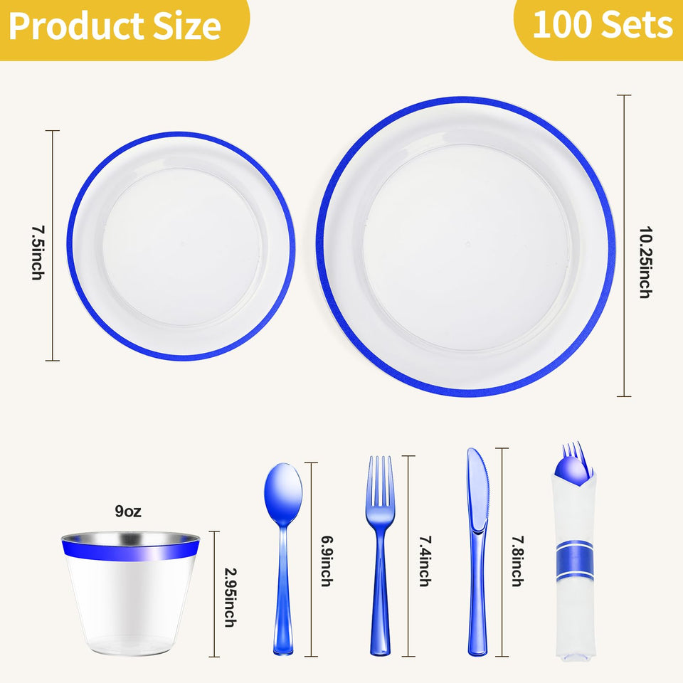 Goodluck 700 Piece Dark Blue Plastic Dinnerware Set for Party, Clear Disposable Plates for 100 Guests, Include: 100 Dinner Plates, 100 Dessert Plates, 100 Pre Rolled Napkins with Cutlery Set, 100 Cups