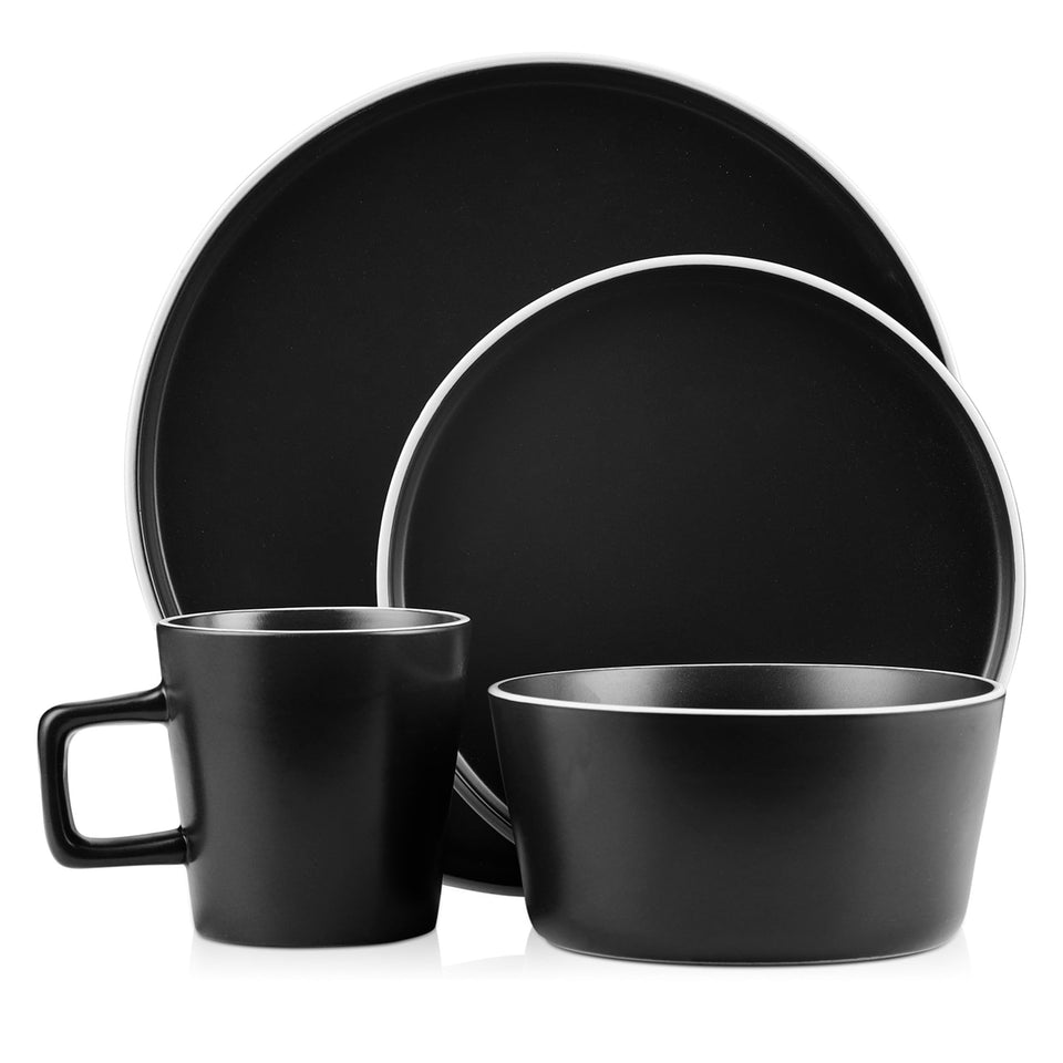 Stone Lain Celina Stoneware 32 Piece Dinnerware Set, Plates and Bowls, Black Matte Dish Collection, Service for 8 – Contemporary Minimalist Style, Microwave & Dishwasher Safe