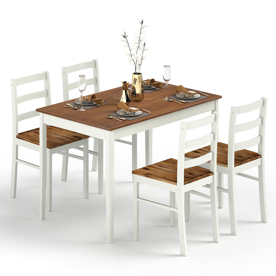 POWERSTONE Dining Table Set for 4, Kitchen Table Chairs Set of 4 with Rubber Wood Legs, Farmhouse 5 Piece Dining Table Set Solid Wood for Kitchen Dining Room Dinner (Brown)