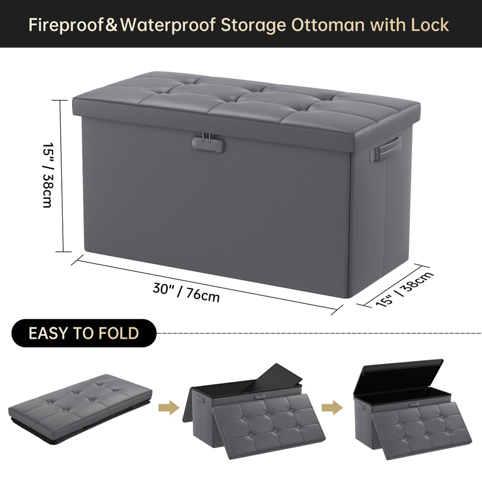 DocSafe Storage Ottoman with Lock,Fireproof Folding Ottoman Foot Rest Stool Storage Chest with Storage Safe for Important Documents,Waterproof 17 Inches Short Ottoman Foot Stool with Handles,Black