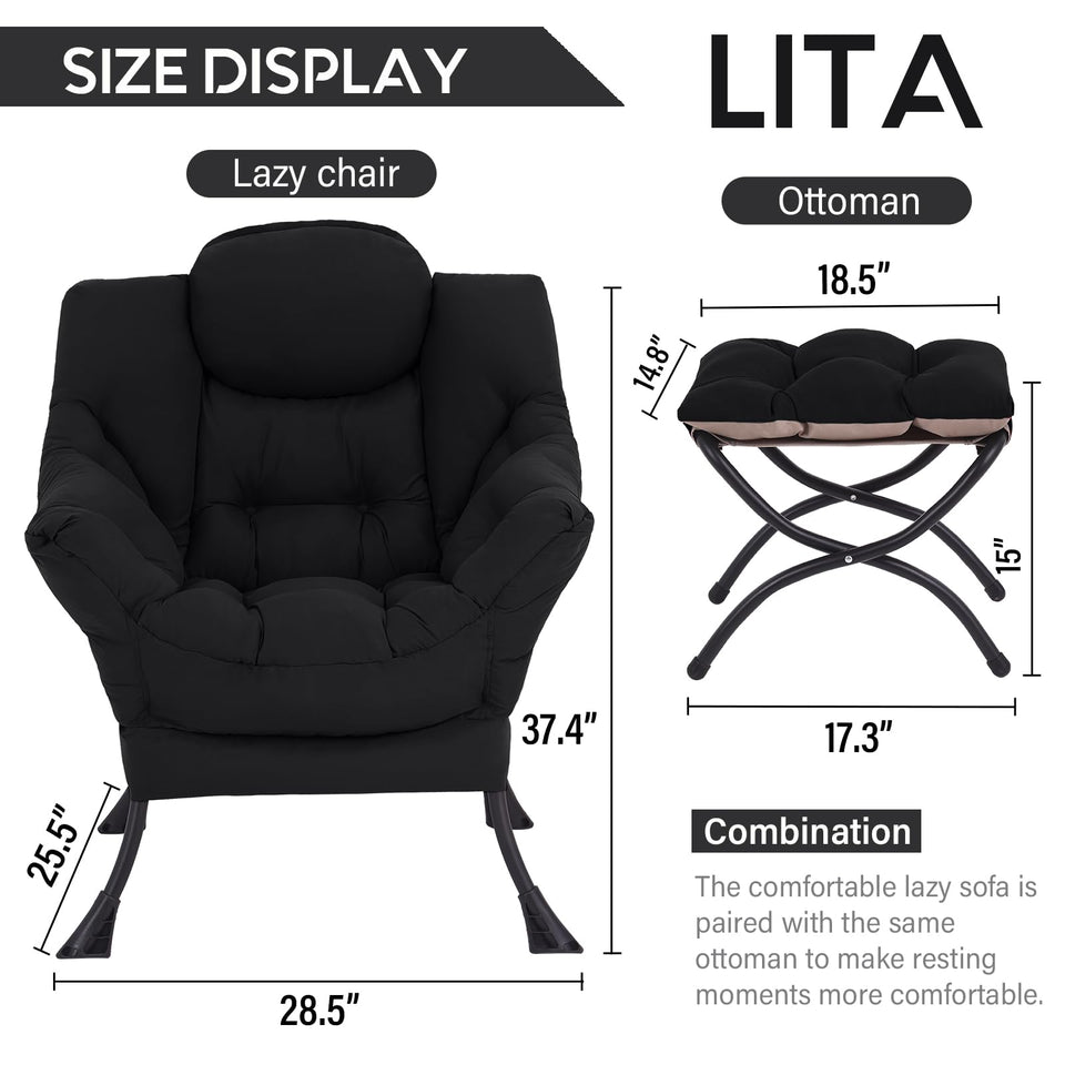 LITA Lazy Chair with Ottoman, Modern Accent Leisure Upholstered Lazy Sofa Armchair, Contemporary Lounge Reading Chair with Armrests and a Side Pocket for Living Room, Bedroom & Small Space, Dark Grey