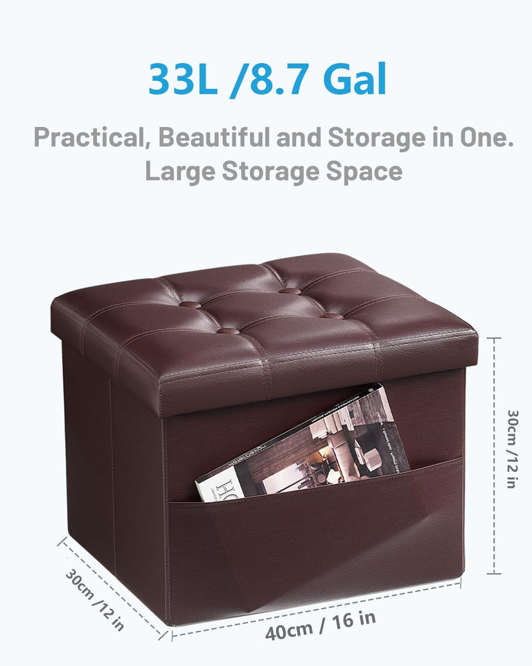 AmasSmile Storage Ottoman Folding Foot Rest Stool, Leather Footstool Bench, Short Ottoman Stool, Storage Foot Rest Store, Books (Black, 17" D x 13" W x 13" H)