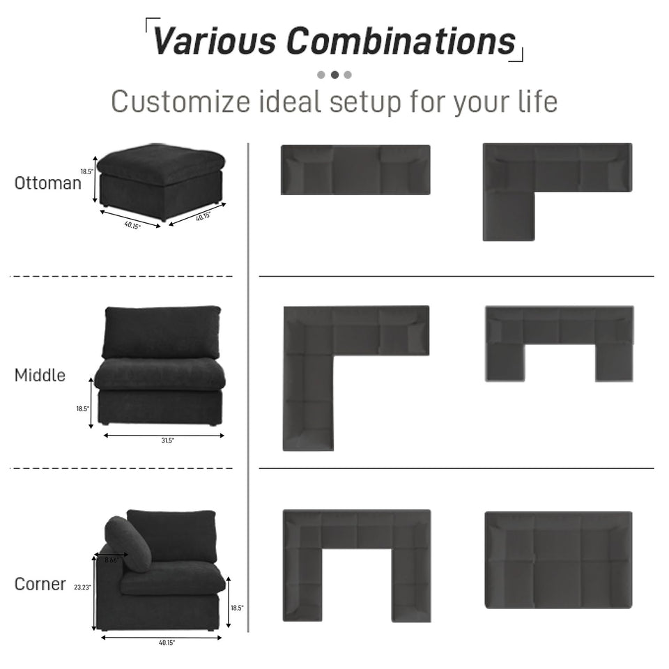 160.6" Cloud Couch Modular Sectional Sofa for Livingroom,Oversized Convertible Sofa with Storage Ottomans,6 Seat Wide Couches,Cushion Covers Removable (Khaki, 6 Seater)