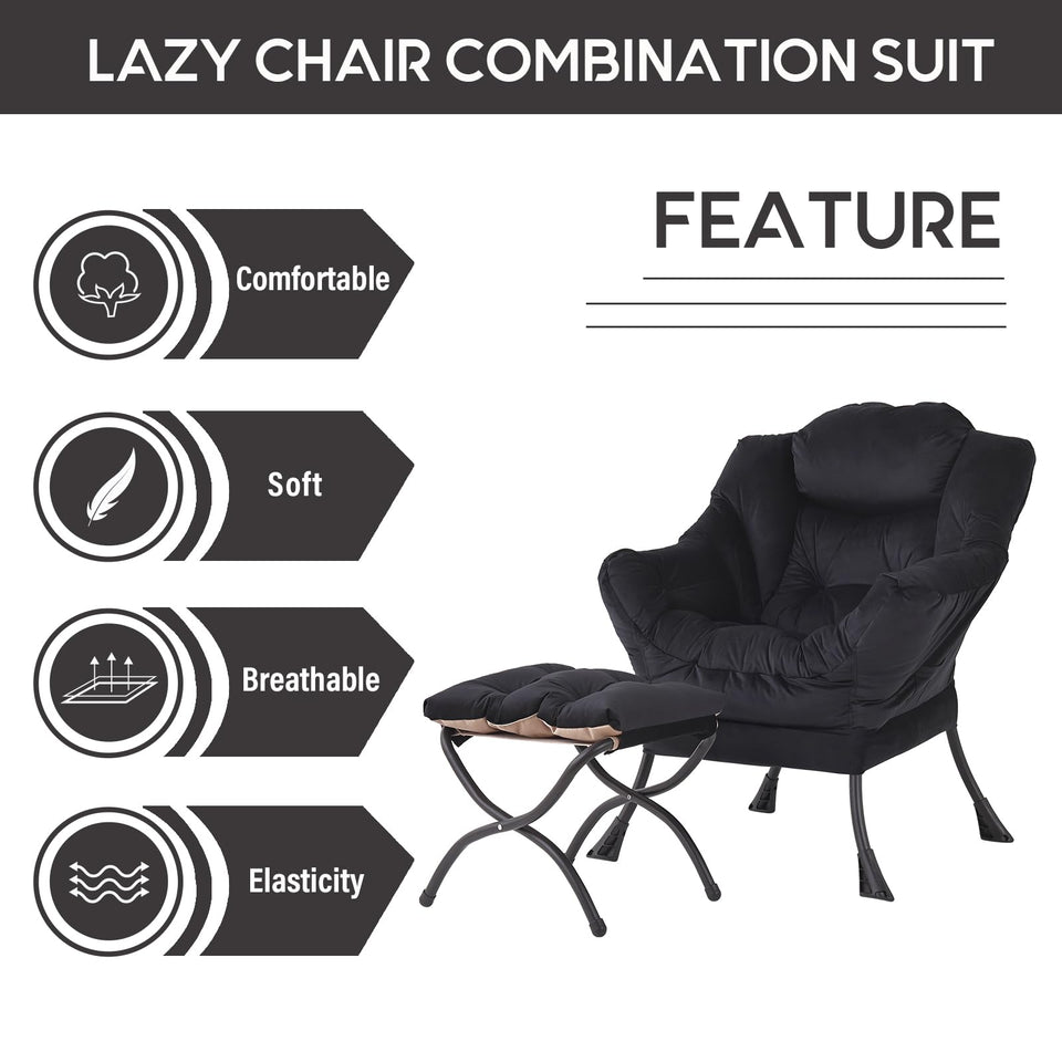 LITA Lazy Chair with Ottoman, Modern Accent Leisure Upholstered Lazy Sofa Armchair, Contemporary Lounge Reading Chair with Armrests and a Side Pocket for Living Room, Bedroom & Small Space, Dark Grey