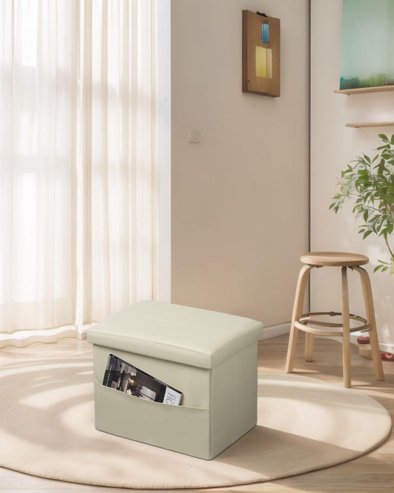 AmasSmile Storage Ottoman Folding Foot Rest Stool, Leather Footstool Bench, Short Ottoman Stool, Storage Foot Rest Store, Books (Black, 17" D x 13" W x 13" H)