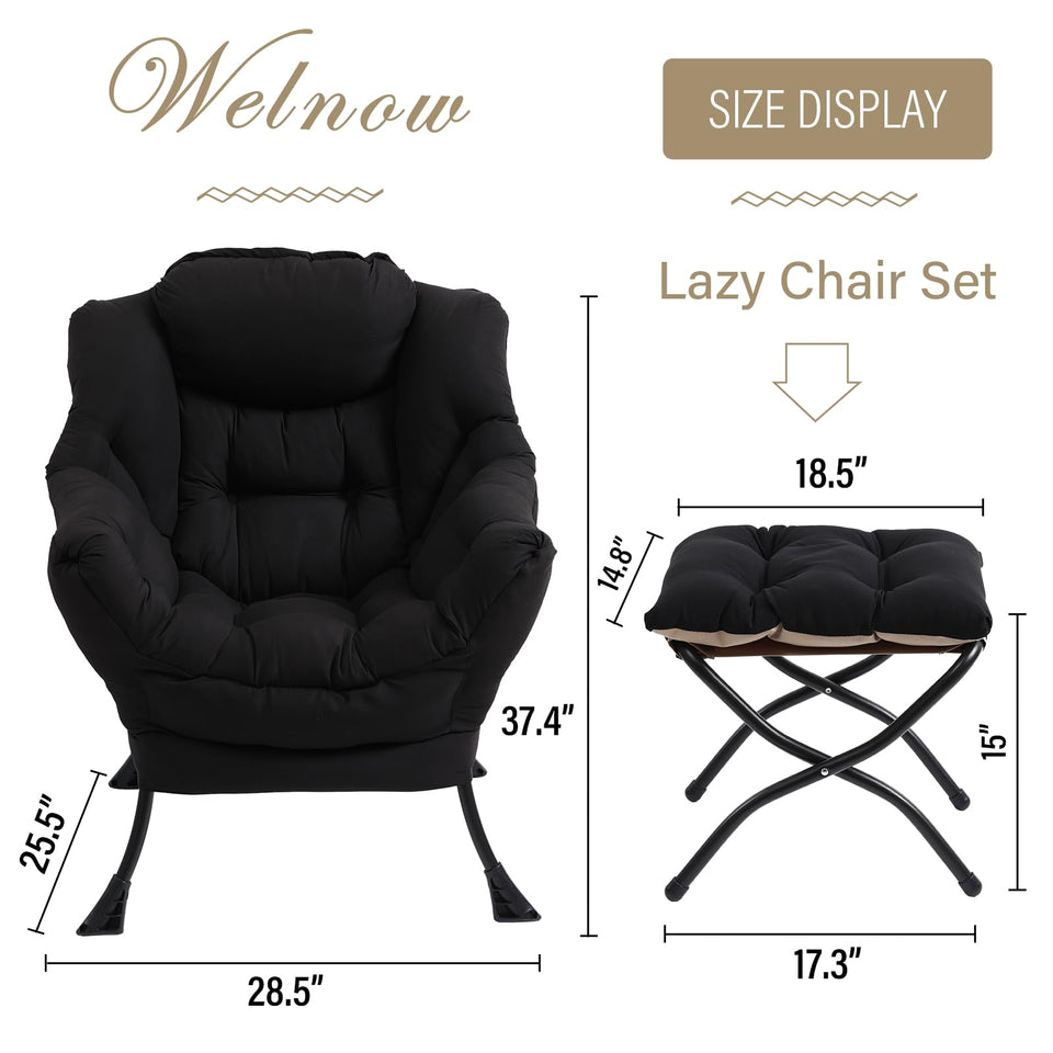 Welnow Lazy Chair with Ottoman, Modern Lounge Accent Chair with Armrests and a Side Pocket, Leisure Sofa Armchair, Reading Armchair with Footrest for Small Space, Dark Grey