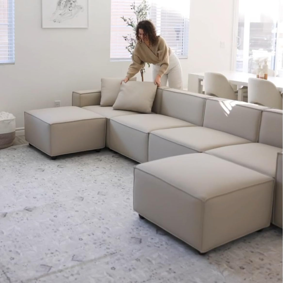 Acanva Luxury Modular Sectional Living Room Sofa Set, Modern Minimalist Style Couch with Ottoman and Chaise, L-Shape, Linen-Like Cream