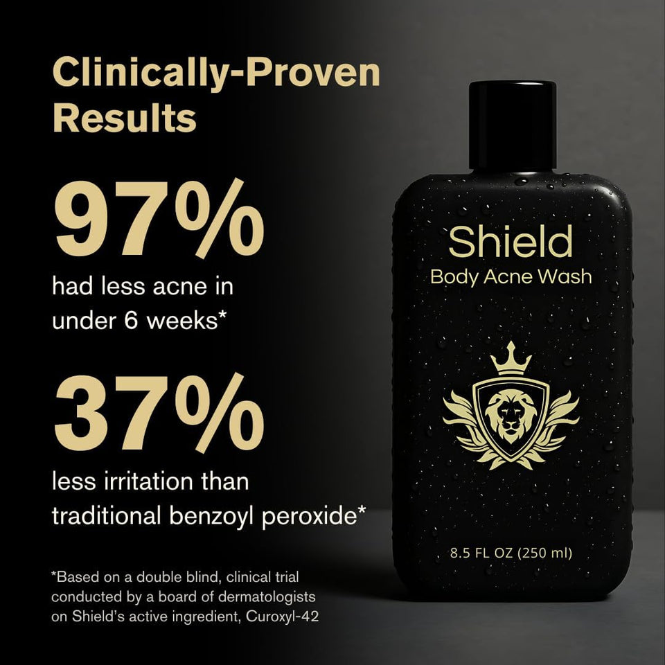 Shield Men's Acne Body Wash for Back, Chest & Shoulders - 4% Benzoyl Peroxide Body Wash, Clears Breakouts & Acne Scars – Unscented with Niacinamide, Glycolic Acid & Ceramides, 8.5 oz