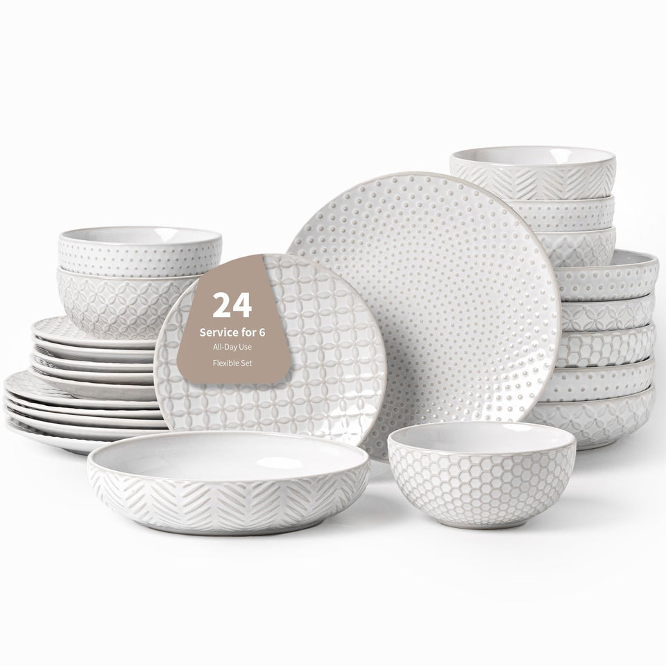 FOBENTA 24 Piece Dinnerware Sets for 8, Premium Stoneware Plates and Bowls Sets, Microwave & Dishwasher Safe, Elegant Dishes for Entertaining & Special Occasions – A Stunning Gift for Large Families