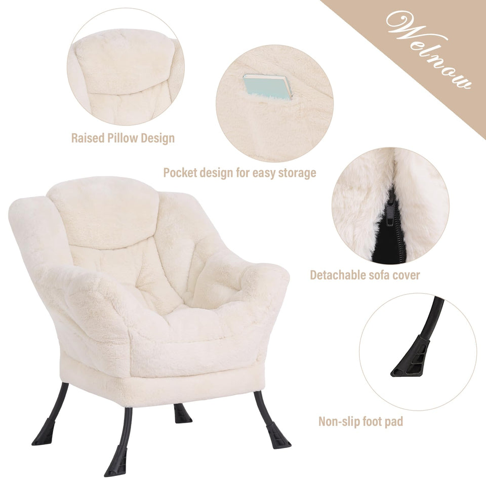 Welnow Lazy Chair with Ottoman, Modern Lounge Accent Chair with Armrests and a Side Pocket, Leisure Sofa Armchair, Reading Armchair with Footrest for Small Space, Dark Grey