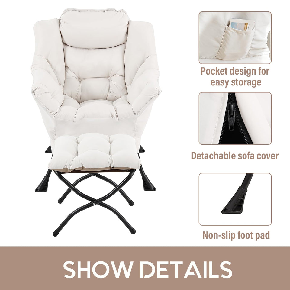 LITA Lazy Chair with Ottoman, Modern Accent Leisure Upholstered Lazy Sofa Armchair, Contemporary Lounge Reading Chair with Armrests and a Side Pocket for Living Room, Bedroom & Small Space, Dark Grey